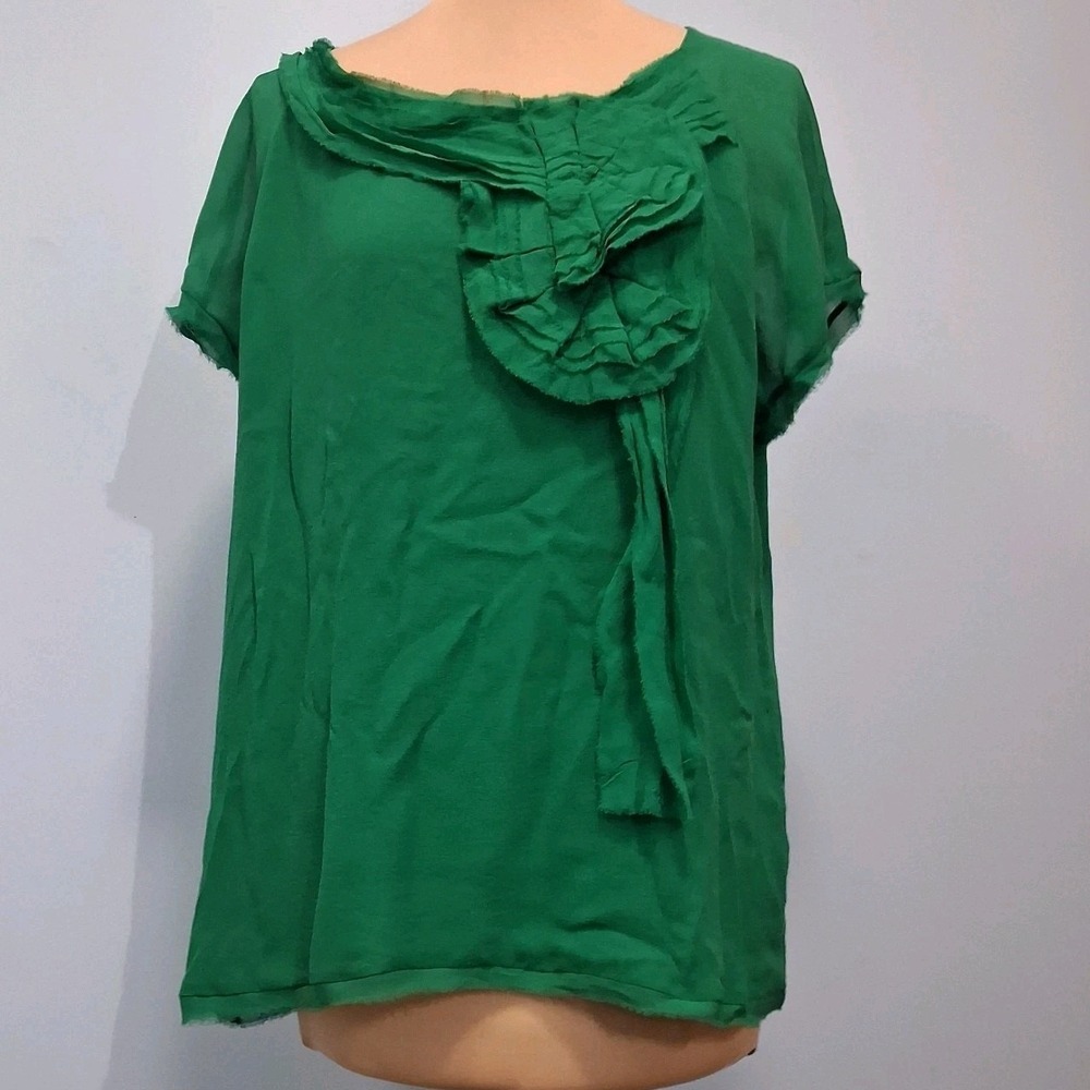 Talbots Womens Top Sz 12 Silk Lined Kelly Green Abstract‎ Ruffle Blouse Career